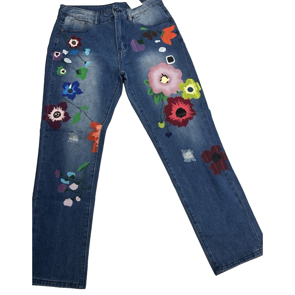 NWT Pantalon Painted Floral Denim Jeans Fun Dopamine Boho Size‎ 32 Waist